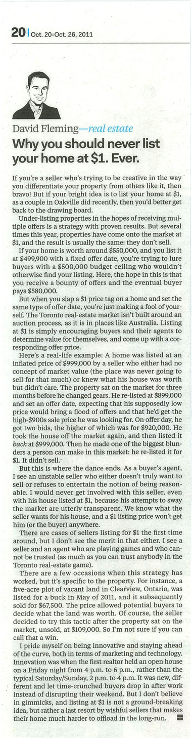 Why you should never list your home at one dollar - Toronto Realty Blog by David Fleming