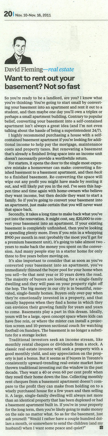 Want to rent out your basement? Not so Fast! - Toronto Realty Blog by David Fleming