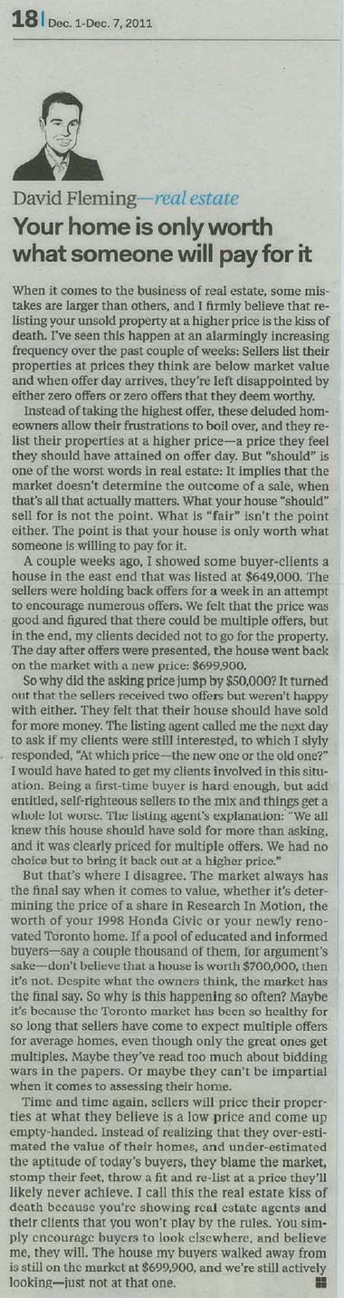 Your home is only worth what someone will pay for it - Toronto Realty Blog by David Fleming